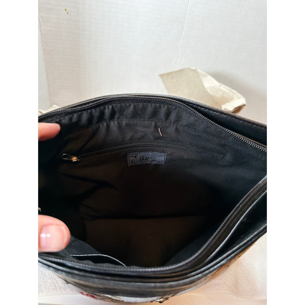 NWOT Elka Accessories Shoulder Bag Medium Black Cat Needlepoint Croc Embossed - Picture 4 of 7